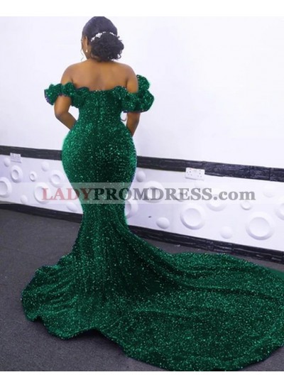 2023 Mermaid Hunter Off Shoulder Sequence Sweetheart Long Prom Dresses