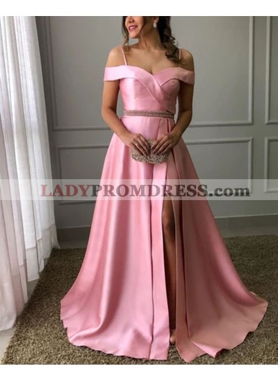 A Line Satin Sweetheart Off Shoulder Beaded Side Slit Sash Long Prom Dresses 2023