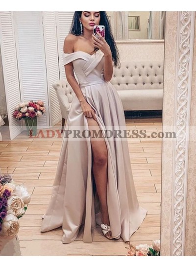 A Line Satin Sweetheart Champagne Ruched Long Side Slit Prom Dresses 2023