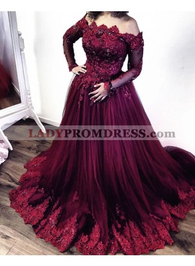A Line Off Shoulder Long Sleeves Lace 2023 Long Prom Dresses