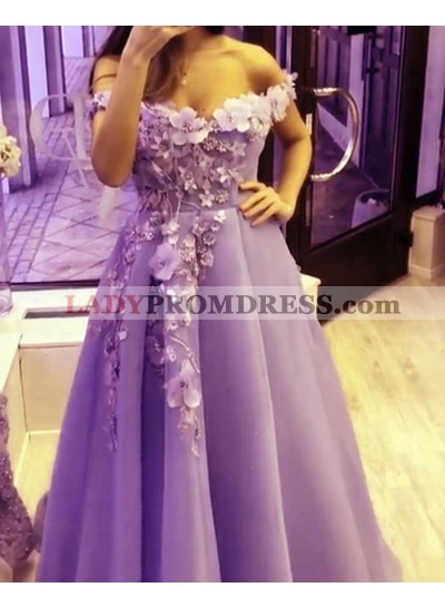 2023 A Line Lilac Tulle Off Shoulder Sweetheart Appliques Long Prom Dresses