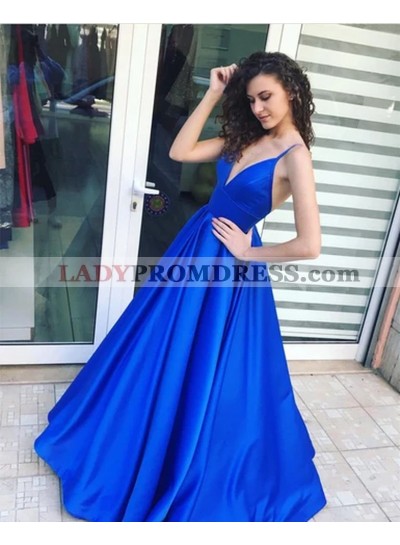 2023 A Line Royal Blue Satin Sweetheart Backless Long Prom Dresses