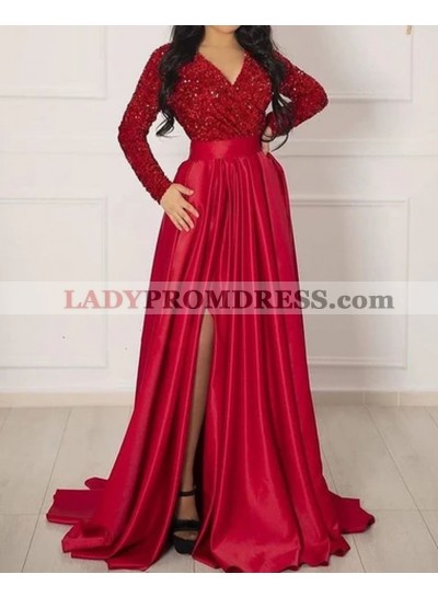 2023 A Line Long Sleeves Red V Neck Ruched Side Slit Long Prom Dresses