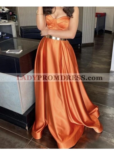 A Line Satin Orange Sweetheart 2023 Long Prom Dresses With Gold Sash