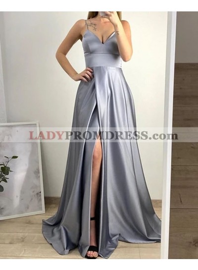 A Line Sweetheart Light Slate Gray Side Slit Silk Like Satin 2023 Prom Dresses