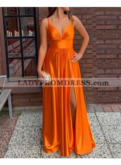 2023 A Line Silk Like Satin Orange Side Slit Sweetheart Long Prom Dresses