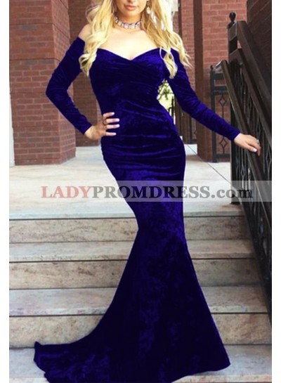 2023 Mermaid Velvet Long Sleeves Off Shoulder Long Prom Dresses