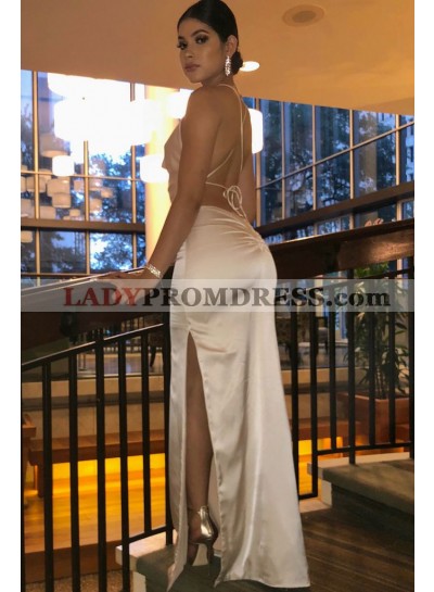 Sheath 2023 Champagne Side Slit Halter Backless Halter Long Prom Dresses