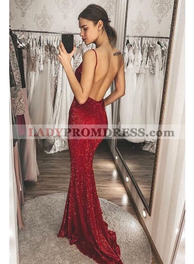 Burgundy Sequence Backless Long Sheath Deep V Neck 2023 Prom Dresses