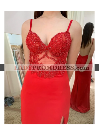 2023 Red Sheath Sweetheart Lace Backless Side Slit Long Prom Dresses