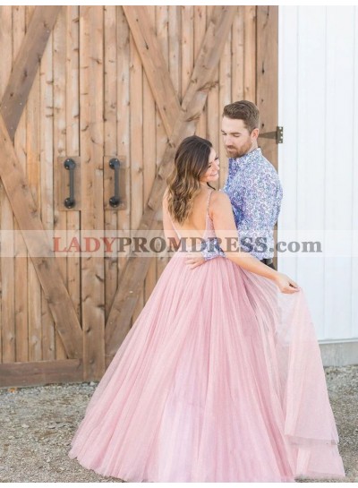 A Line Pink Tulle Sweetheart Beaded Backless Long Prom Dresses 2023