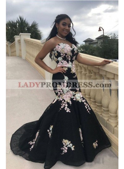 2023 Black Sweetheart Organza Floral Embroidery Mermaid Prom Dresses
