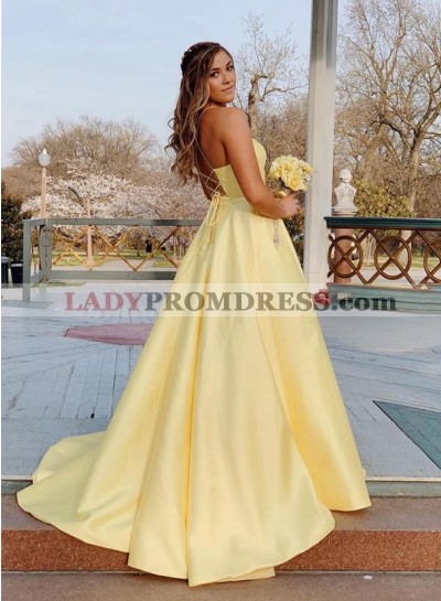 A Line Satin Sweetheart Light Yellow Criss Cross Lace Up Prom Dresses With Pockets