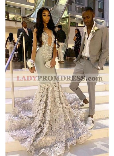 2023 Silver Silver Like Satin Floral Lace Patterns Long Prom Dresses