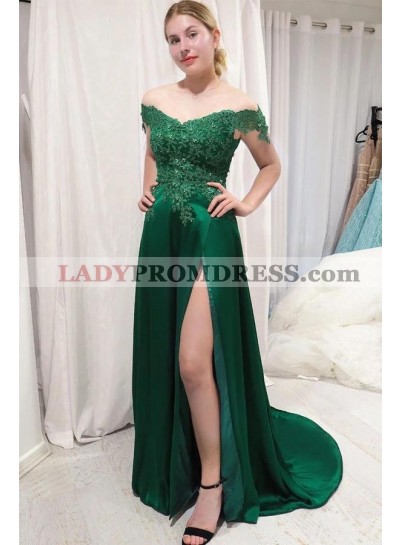 A Line Off Shoulder Hunter Green Side Slit Silk Like Satin 2023 Lace Prom Dresses