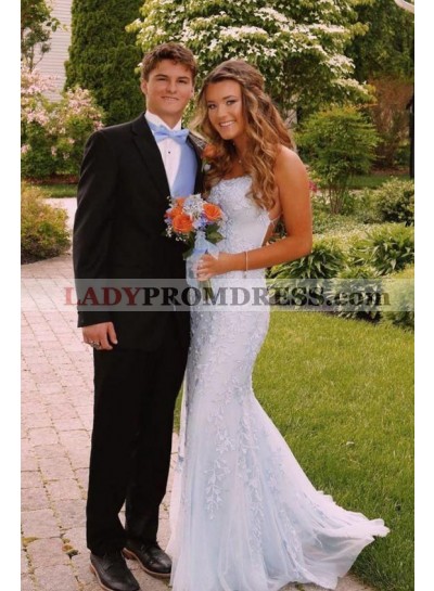 2023 Light Sky Blue Sheath Tulle Halter Backless Long Prom Dresses With Appliques