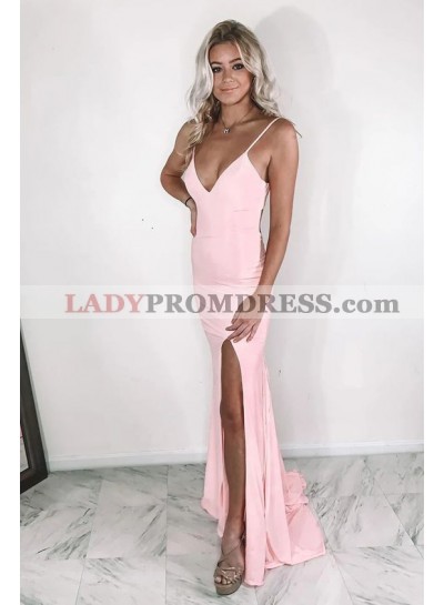 Pale Pink Sheath Side Slit Sweetheart Side Slit Criss Cross Long Prom Dresses 2023