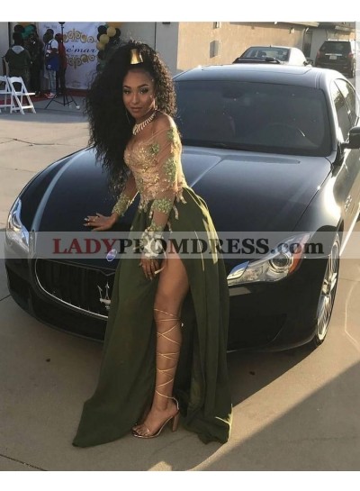 2023 A Line Long Sleeves Off shoulder Side Slit Green Prom Dresses With Appliques