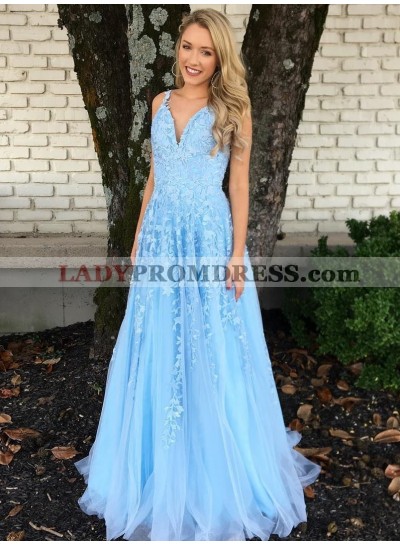 2023 A Line Blue Tulle With Appliques Long Sweetheart Prom Dresses