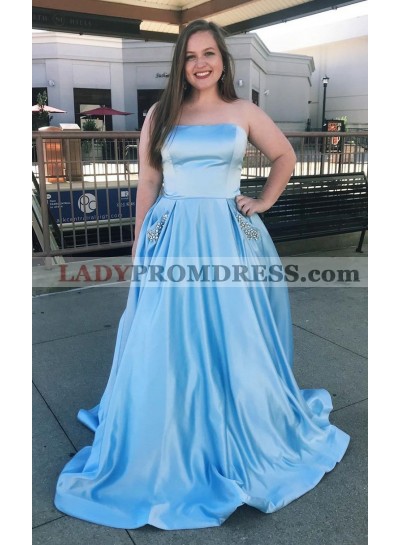A Line Strapless Silk Like Satin With Pockets Blue Plus Size Prom Dresses 2023