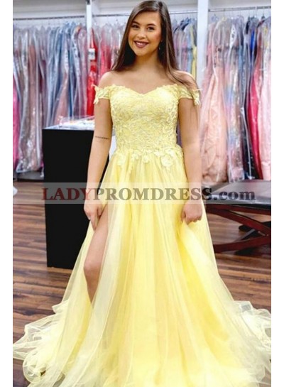 A Line light Yellow Tulle Off Shoulder Sweetheart Side Slit Prom Dresses 2023
