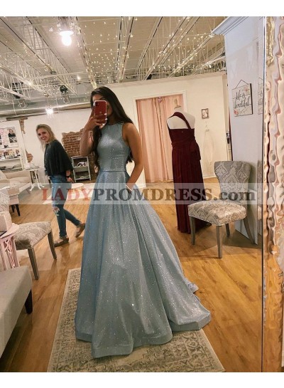 2023 A Line Silver Long Rolled Trim Sequence Prom Dresses