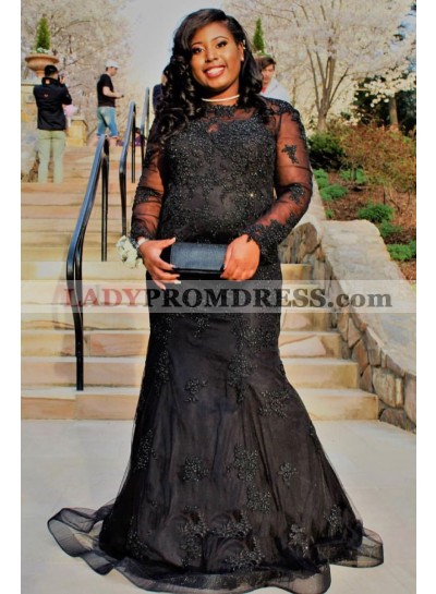2023 Black Sheath Tulle With Lace Patterns Plus Size Long Sleeves Prom Dresses