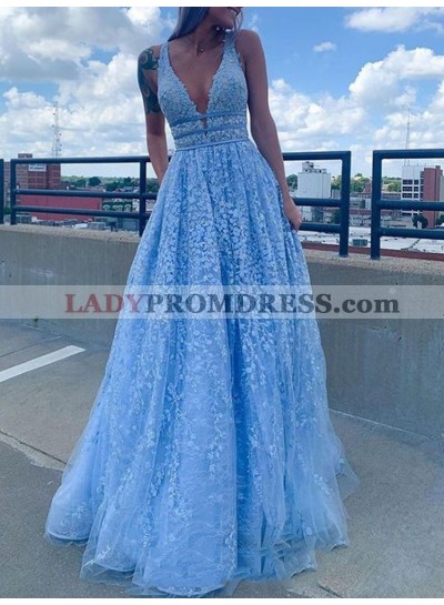 2023 A Line Blue V Neck Lace Patterns Long Prom Dresses