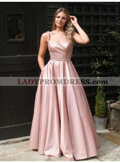 2023 A Line Pink Scoop Floor Length Prom Dresses
