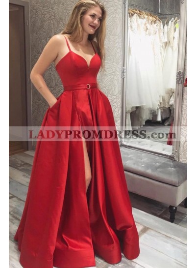 A Line Satin Sweetheart Side Slit Long Belt Prom Dresses 2023