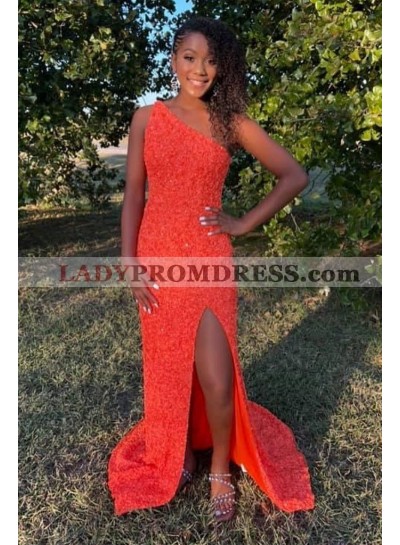 2023 Sequence Coral Sheath One Shoulder Side Slit Long Prom Dresses