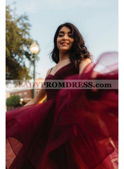 2023 A Line Burgundy Sweetheart High Low Ruffles Prom Dresses