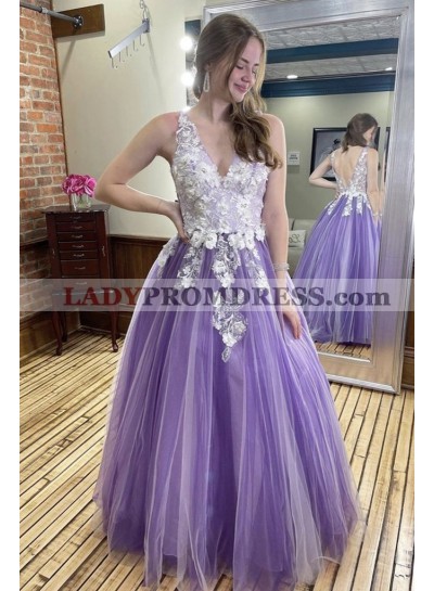 2023 A Line Purple Tulle White Lace Patterns V Neckline Long Prom Dresses