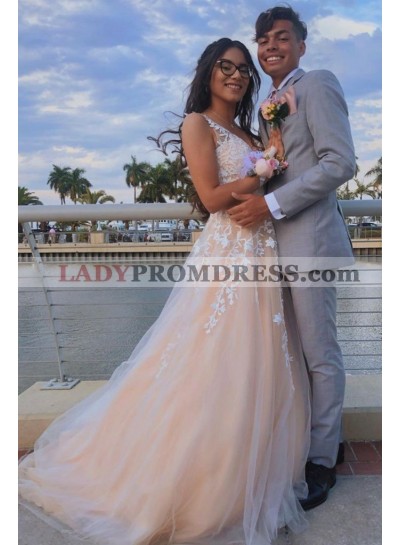 2023 A Line Peach With White Lace Sweetheart Beaded Sash Long Prom Dresses