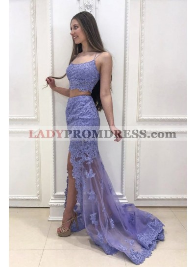 2023 Tulle With Lace Lavender Two Pieces Side Slit Scoop Long Prom Dresses