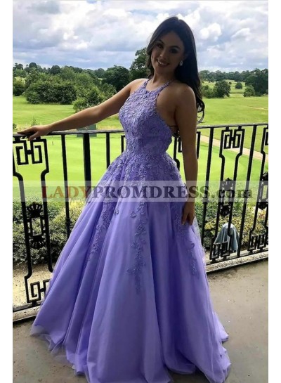 A Line Tulle Lavender Lace Patterns Long 2023 Halter Prom Dresses
