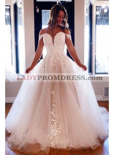 A Line Tulle With Lace Patterns Off Shoulder Ivory Sweetheart 2023 Prom Dresses