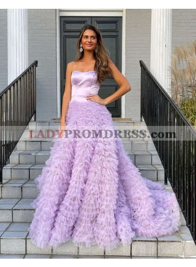 2023 A Line Strapless Lilac Ruched Long Prom Dresses