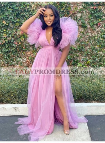 A Line Deep V Tulle Side Slit Plus Size Long Pink Prom Dresses 2023