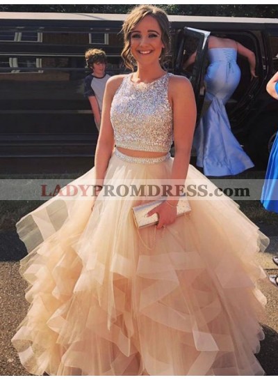 2023 A Line Tulle With Sequence Champagne Two Pieces Prom Dresses