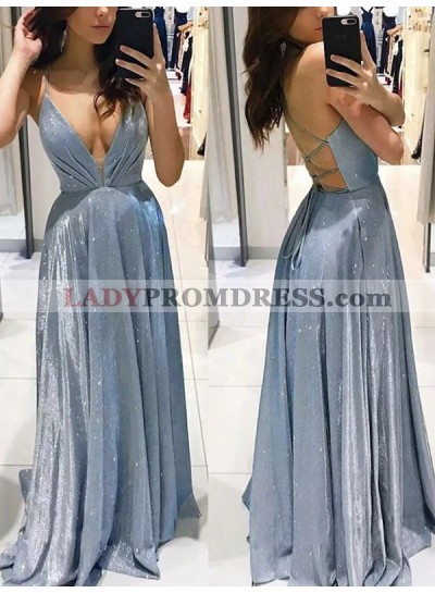 A Line Sky Blue Deep V Neck Criss Cross 2023 Long Prom Dresses