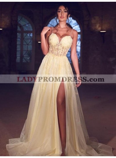 2023 A Line Daffodil Sweetheart Spaghetti Straps Tulle With Lace Patterns Side Slit Long Prom Dresses
