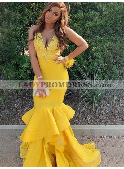 2023 Daffodil Mermaid Sweetheart Ruched Long Prom Dresses With Appliques