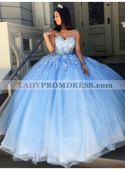 Blue Sweetheart Lace Patterns Tulle Ball Gown Prom Dresses 2023