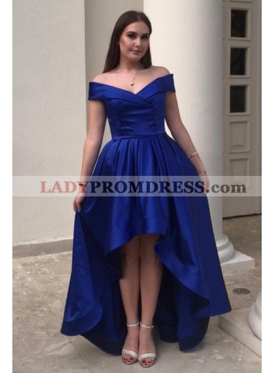 A Line Satin Royal Blue Off Shoulder High Low Prom Dresses 2023