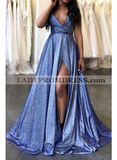 2023 A Line Side Slit V Neck Long Blue Prom Dresses