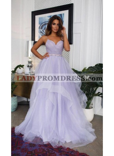 2023 A Line Tulle Lavender Layered Sweetheart Beaded Sash Long Prom Dresses