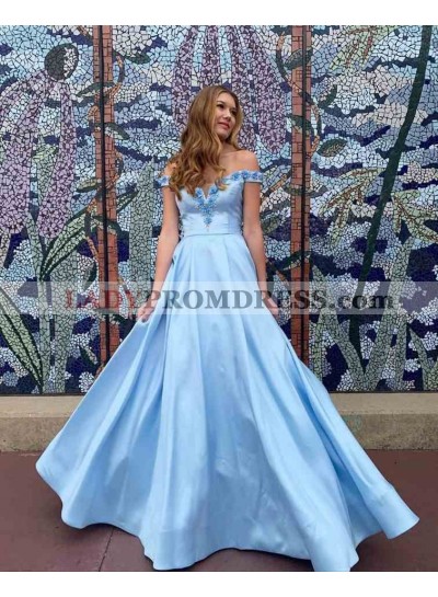 A Line Satin Off Shoulder Blue Long Sweetheart Prom Dresses 2023