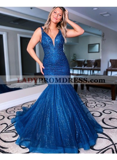 2023 Mermaid V Neck Royal Blue Long Prom Dresses