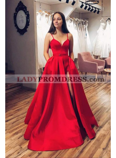 A Line Satin Sweetheart Side Slit Long Red Prom Dresses 2023